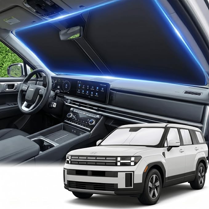 Windshield Sun Shade for Hyundai Santa Fe 2024 2025 2026 Sunshade Front Window Shade Custom Fit Santa Fe Accessories Sun Visor Foldable Shade Blocks UV Rays Accessories