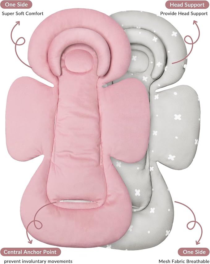 Tinlyfinly Infant Car Seat Insert with Extra Cushion for Preemie to Toddler, Reversible Newborn Carseat Insert for Baby Head Body Support, Fits for Stroller, Baby Swing, Bouncer (Pink)