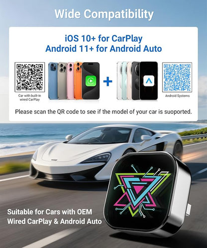 TICARVE 2-in-1 Wireless Apple CarPlay & Android Auto Adapter, Plug & Play CarPlay Wired to Wireless Adapter, Stable Auto-Connect, No Latency, iOS 10+ & Android 11+, USB/USB-C Extension Cable
