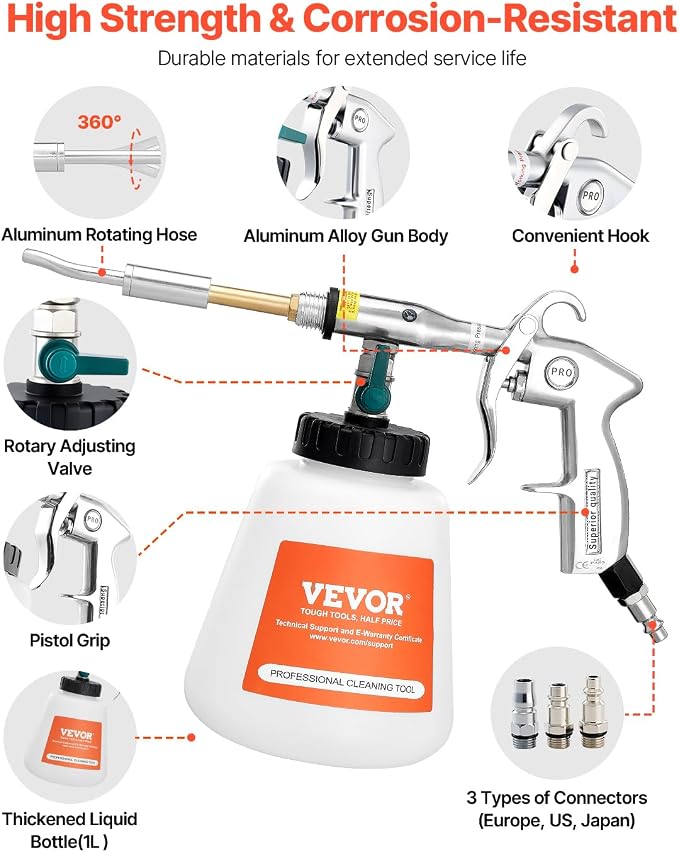 VEVOR Car Cleaning Gun, 6-9.2 Bar High-Pressure Air Blow Gun with 2 Set Nozzles & 1L Liquid Bottle, Vortex Cleaning Gun, Quickly Blasts Dirt and Dust from Surface, Suitable for 1/4 NPT Air Compressor