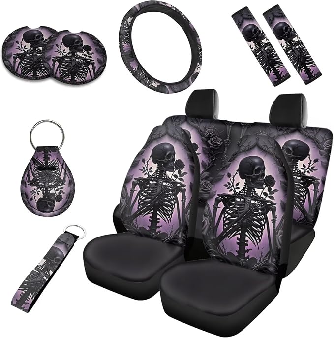 Skeleton 10 Pcs Car Seat Covers Full Set, Gothic Black Rose Skeleton Breathable Front Rear Seat Cover Halloween Skull Horror Decor Steering Wheel Protector for Car Truck SUV