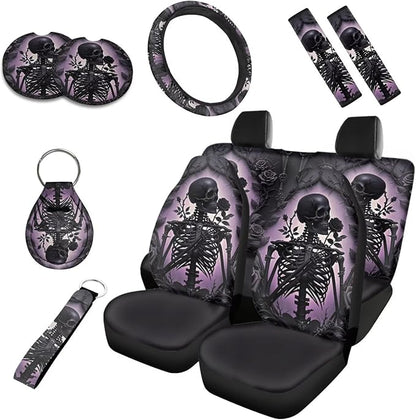 Skeleton 10 Pcs Car Seat Covers Full Set, Gothic Black Rose Skeleton Breathable Front Rear Seat Cover Halloween Skull Horror Decor Steering Wheel Protector for Car Truck SUV