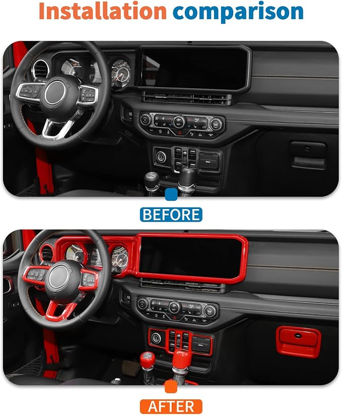 JeCar 14-Piece Red Interior Accessories Trim Kit for 2024-2025+ Jeep Wrangler JL 4XE Gladiator JT- Center Console Dash Panel Interior Upgrade