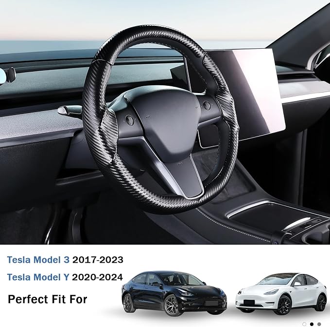 Steering Wheel Cover for 2017-2023 Tesla Model 3 2020-2024 Tesla Model Y, Carbon Fiber Steering Wheel Cover for Tesla Model 3/Y Accessories, Matte Black