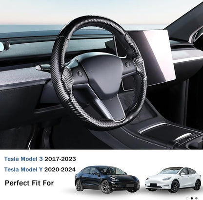 Steering Wheel Cover for 2017-2023 Tesla Model 3 2020-2024 Tesla Model Y, Carbon Fiber Steering Wheel Cover for Tesla Model 3/Y Accessories, Matte Black