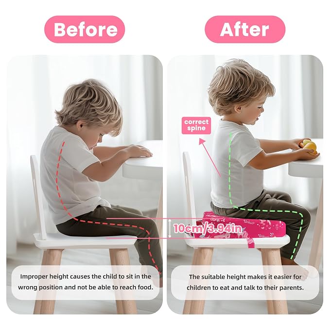 Toddler Booster Seat for Dining Table, 4" Kids Booster Seat for Kitchen Chair with Non-Slip Bottom, Portable Detachable Washable Increasing Cushion with 2 Adjustable Straps (Unicorn)