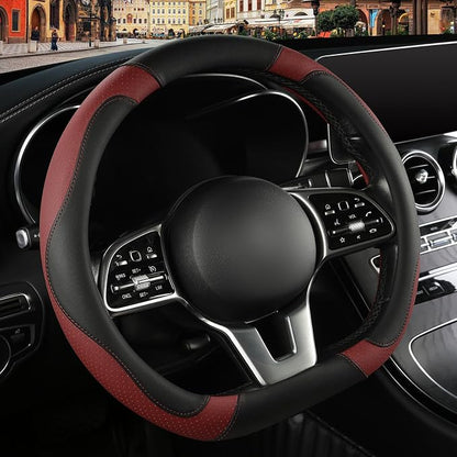 Microfiber Leather D Shaped Steering Wheel Cover, Breathable, Anti Slip, Universal 15 inch, Black with Burgundy