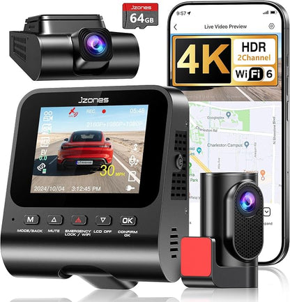 4K Dash Cam Front and Rear, HDR Night Vision Dash Camera for Cars 64GB Card 5.8GHz WiFi6 up to 20MB/s APP Control Dash Cams Built-in GPS, G-Sensor, Loop Recording, 170°Wide Angle, 24H Parking Mode