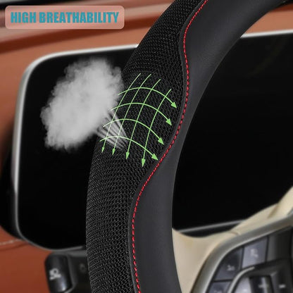 14 inch D Shaped Steering Wheel Cover for Prius Civic, Nappa Microfiber Leather Non-Slip Breathable Fabric, Warm in Winter and Cool in Summer, Black Small 13.5 inch to 14 inch