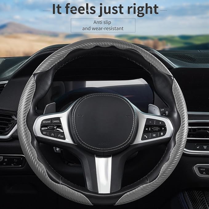 3 Piece Carbon Fiber Steering Wheel Cover,Car Steering Wheel Protector with Non-Slip Lining,Breathable Microfiber Universal for 14.5-15 inch,Gray