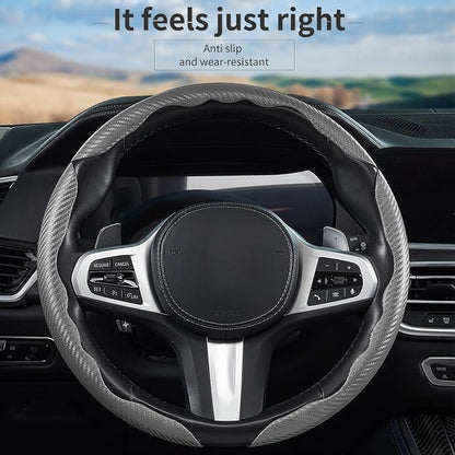 3 Piece Carbon Fiber Steering Wheel Cover,Car Steering Wheel Protector with Non-Slip Lining,Breathable Microfiber Universal for 14.5-15 inch,Gray