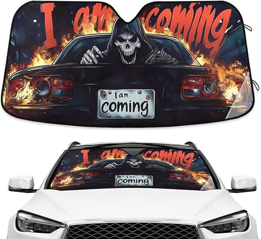 Cool Skeleton Skull Driving Windshield Sunshade Car Sun Shade Front Window Shade for Truck SUV Blocks UV Rays Sun Reflector Visor Protector Accordion Folding