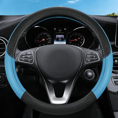 Leather Patchwork Black Blue Steering Wheel Cover, 14.5-15 Inch Non-Slip Breathable Microfiber Car Steering Wheel Protector