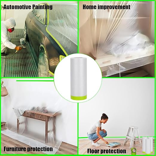 Painters Tape and Drape, 4 Rolls Automotive Painters Tape and Plastic Film, Paint Covering Roll for Cars and Auto Body (55in X 65-Feet)