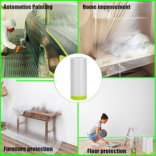 Painters Tape and Drape, 6 Rolls Automotive Painters Tape and Plastic Film, Paint Covering Roll for Covering Skirting, Frames, Cars and Auto Body (55in X 65-Feet)