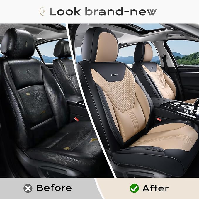 Coverado Car Seat Covers Full Set, Front Seat Covers with Lumbar Support and Back Seat Cover Waterproof Leather Automotive Seat Cover, Universal Car Interior Protectors Cushion for Most Cars