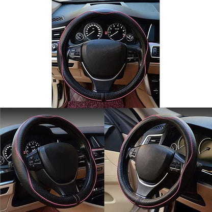ESEWALAS Universal Car Steering Wheel Cover,Anti-Slip Leather Steering Wheel Cover,Sports Style Steering Wheel Protector,Car Interior Accessories Steering Wheel (Black with Pink)