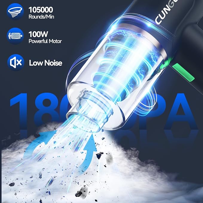 Car Vacuum Handheld Vacuum Portable Cordless, 18000Pa 5 in 1, 100W Brushless Motor, High Power Vacuum Cleaner with Window Breaker Hammer, LED Light, Multi-Nozzles for Car, Home, Pet, Office
