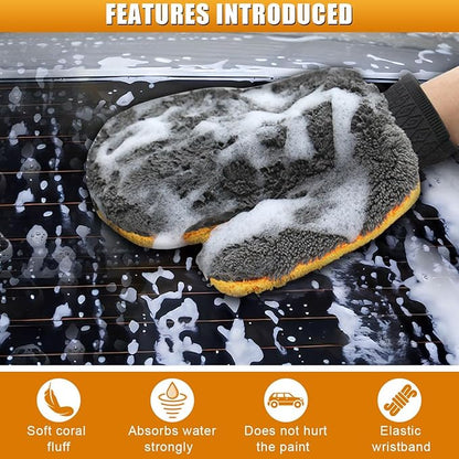 2PCS Car Wash Mitt, Coral Fleece Microfiber Dusting Mitt with Thumb, No Scratch No Lint Cleaning Glove with Elastic Wrist Cuff, Reusable Car Washing and Detailing Supplies (Thumb)