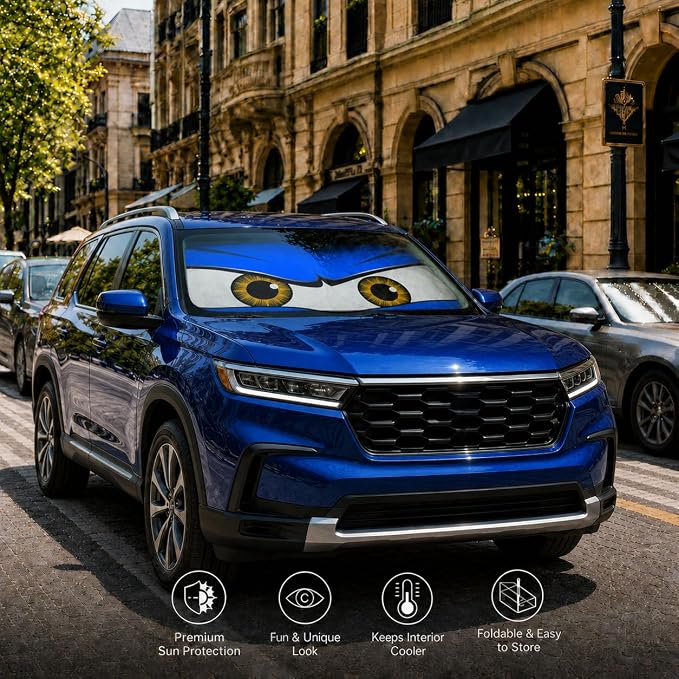 Car Windshield Sun Shade, Blue Monster Eyes Large Foldable Front Window Sunshade, UV Heat Protection Windshield Cover Universal Fits Full-Size Pickup Truck SUV- 63 x 33.86