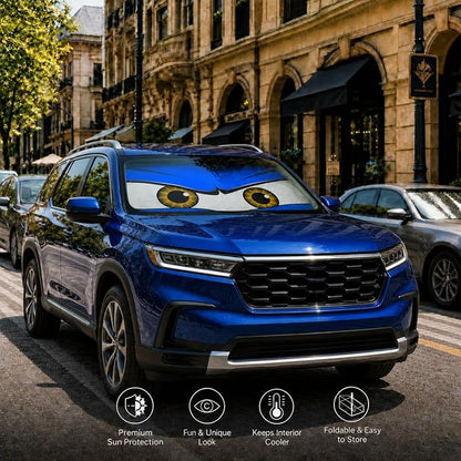 Car Windshield Sun Shade, Blue Monster Eyes Large Foldable Front Window Sunshade, UV Heat Protection Windshield Cover Universal Fits Full-Size Pickup Truck SUV- 63 x 33.86