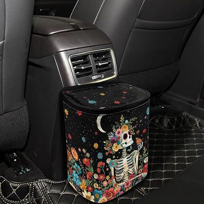Skull Colorful Flowers Starry Night Pattern Car Trash Can Leakproof Garbage Bag with Lid and Zipper 1.2Gal Trash Bin Hanging for Back Seat Halloween Car Decor