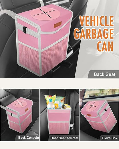 Pritent Car Trash Can with Lid, Cute Leakproof Car Trash Garbage Bag Hanging Vehicle Trash Bin Small Portable Automotive Garbage Cans Organizer for Back/Front Seat/Console(2.8 gal,Pink