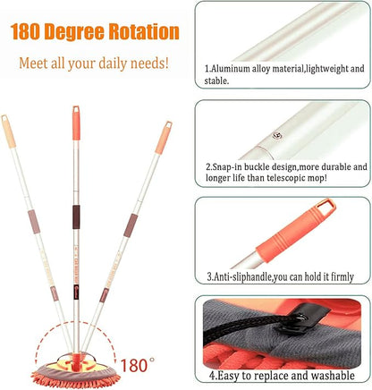 62" Car Wash Brush Mop Kit with Long Handle, 2 in 1 Chenille Microfiber Sponge Mitt Cleaning Detailing Duster for Washing Cars Truck SUV RV Caravans and Household(2 x Mop Head) (Orange)