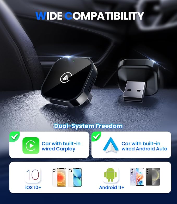 Teeran 2 in 1 Wireless CarPlay and Android Auto Adapter, Easy Setup Plug and Play, Fast Seamless Use Supports 1000+ Cars with Built-in Wired Car Play/Android Auto Compact Design Car Adapter (Black)