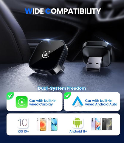 Teeran 2 in 1 Wireless CarPlay and Android Auto Adapter, Easy Setup Plug and Play, Fast Seamless Use Supports 1000+ Cars with Built-in Wired Car Play/Android Auto Compact Design Car Adapter (Black)