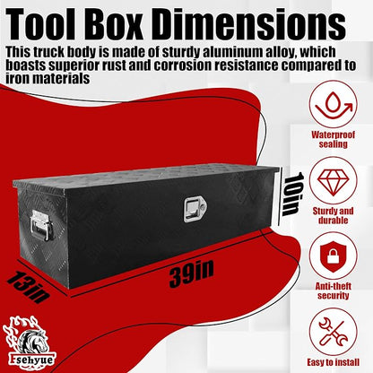 39x13x10 Inch Aluminum Truck Tool Box Heavy Duty Diamond Plate Pickup Tool Boxes Underbody Truck Bed Toolbox with Lock and Keys Suitable for Pickup RV Van Trailer Black