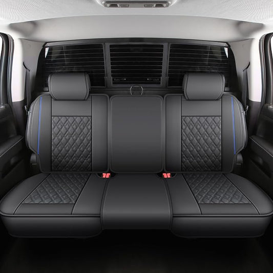 JOJOBAY Chevy Silverado Seat Covers,Leather Seat Covers for GMC Sierra,Custom Fit 2007-2026 1500 2500HD 3500HD Crew Double Extended Regular Cab,LT LZT RST(Rear Seat Covers,Black Blue)