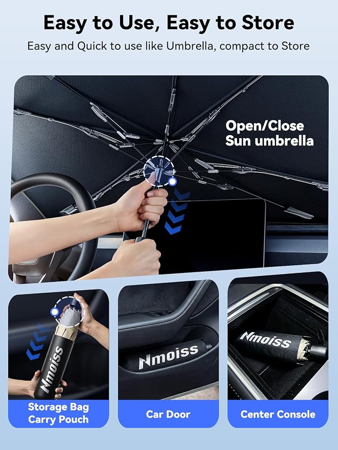 Nmoiss Windshield Sun Shade Umbrella for Mustang - [Vinyl Coating Heat Shield] Protect Car from Sun Rays & Heat Damage Keep Cool and Protect Interior, Spring Structure Edge