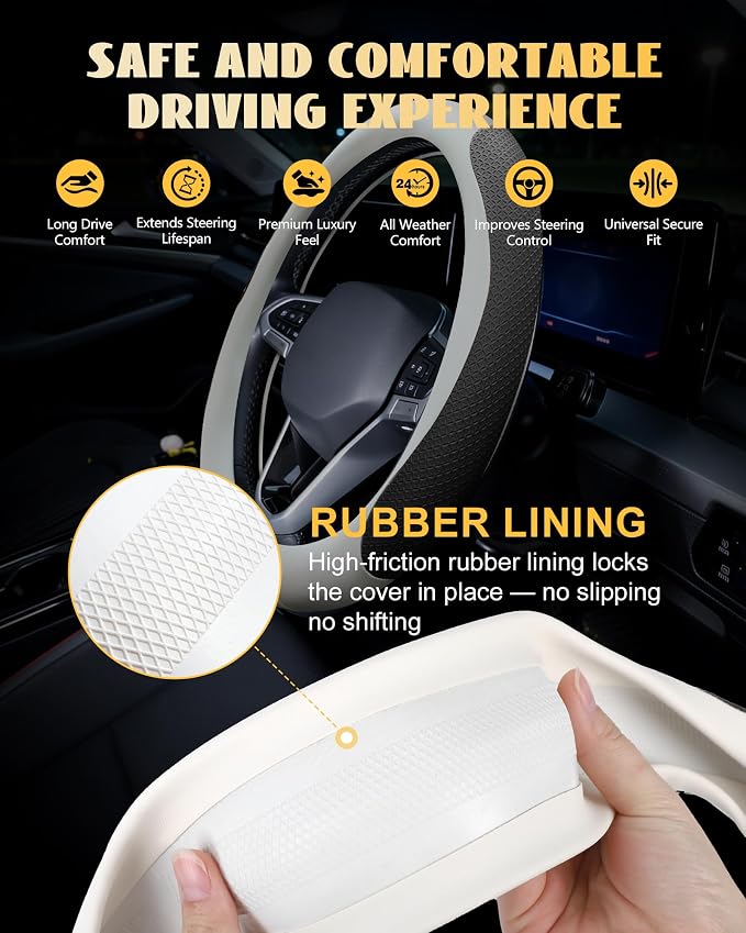 Car Leather Steering Wheel Cover, Genuine Embossed Leather with Anti-Slip Lining, Universal 15 Inch, Fits SUVs, Vans, Sedans, Trucks, White