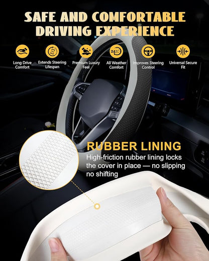 Car Leather Steering Wheel Cover, Genuine Embossed Leather with Anti-Slip Lining, Universal 15 Inch, Fits SUVs, Vans, Sedans, Trucks, White