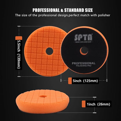SPTA PRO Orange Heavy-Cut Polishing Foam Pad, 1Pc 5 Inch 125mm Backing Plate Compound Buffing Polishing Sponge Pads for Car Buffer Polisher Compounding, Polishing and Waxing -SF501