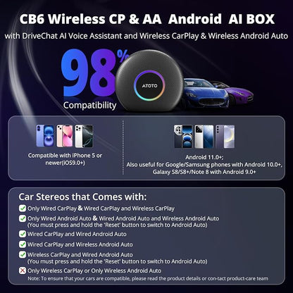 CB6 AI Box CarPlay Wireless CarPlay Adapter & Android Auto – Upgrade Wired to Wireless, Android 13 with GPS Navigation, 4G+64G, 4G LTE, Compatible with Ford, Toyota, Chevrolet, Honda, Hyundai (Black)