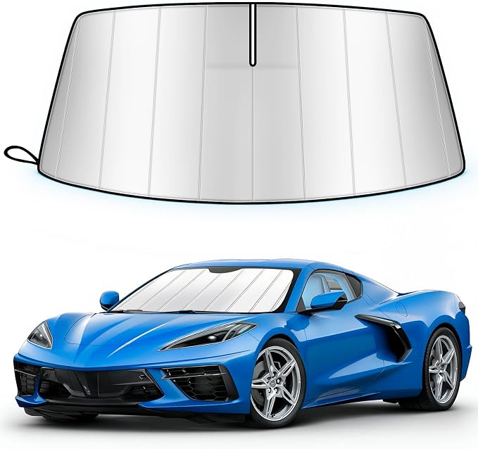 Windshield Sun Shade for Chevy Corvette C8 2020-2026, Custom Fit Folding Design Front Window Sunshade Sun Visor Shield Accessories for Interior Protector, Blocks UV