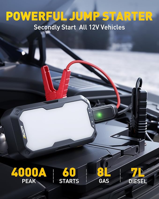 AUXITO Portable Jump Starter - 4000A Car Battery Jump Starter(8L Gas/7L Diesel) 2000LM Camping Light, 12V Jump Box with 4 Modes Working Light and 2 Hook, Portable Charger and Jump Cables