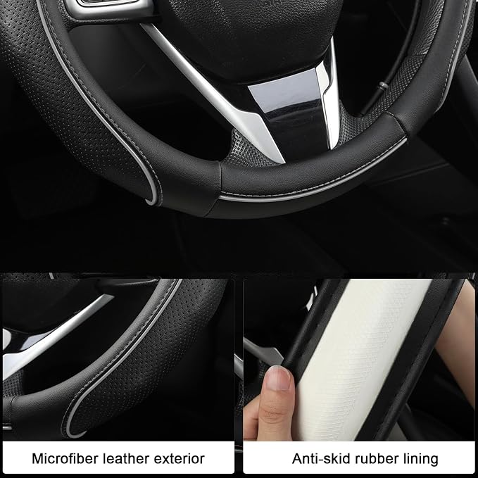 West Llama 3D Piping Leather Steering Wheel Cover for Honda Accord Civic CR-V HR-V Pilot Fit Passport Odyssey 14.5-15 inch(Black+Gray Line-Standrad Size)