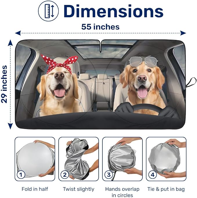 GENANY Cute Golden Dog Couple Funny Windshield Sun Shade for Car SUV Truck (55x29 Inches), Automobile Sunshade, Protector Blocks UV, Car Accessories, Auto Decor
