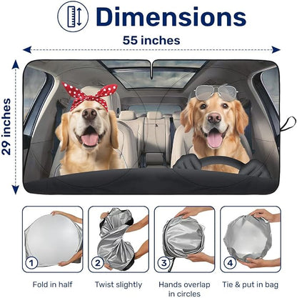 GENANY Cute Golden Dog Couple Funny Windshield Sun Shade for Car SUV Truck (55x29 Inches), Automobile Sunshade, Protector Blocks UV, Car Accessories, Auto Decor