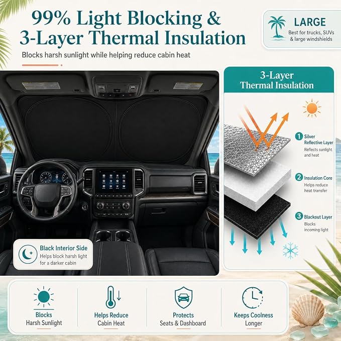 Sienna Windshield Sun Shade, Custom Fit Foldable Front Window Sunshade Visor, Reflective UV and Heat Block Interior Protector, Fits 1998–2025 Models