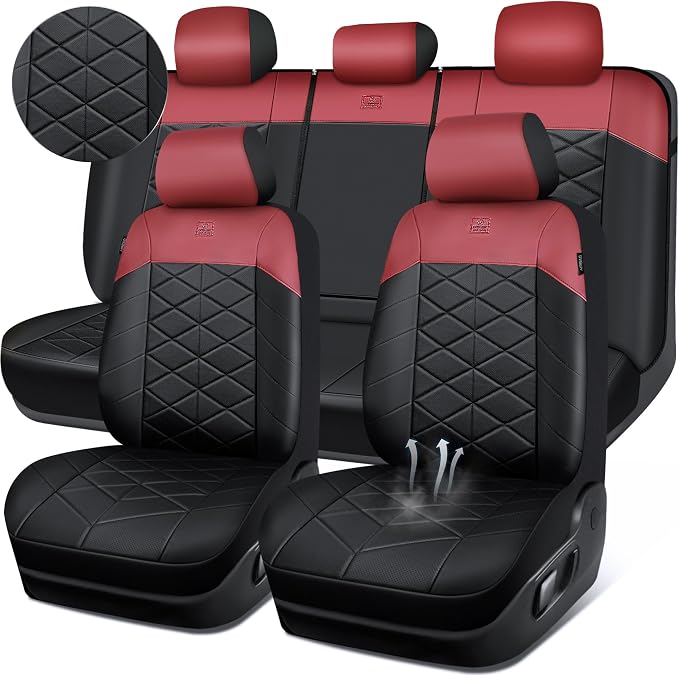 CAR PASS Memory Foam Leather Seat Covers Full Set, Breathable Perforated Nappa Leather Seat Covers Universal Fit for Most Sedans,SUV,Trucks Thick 3D Foam Comfort, Airbag Compatible Black Burgundy Red