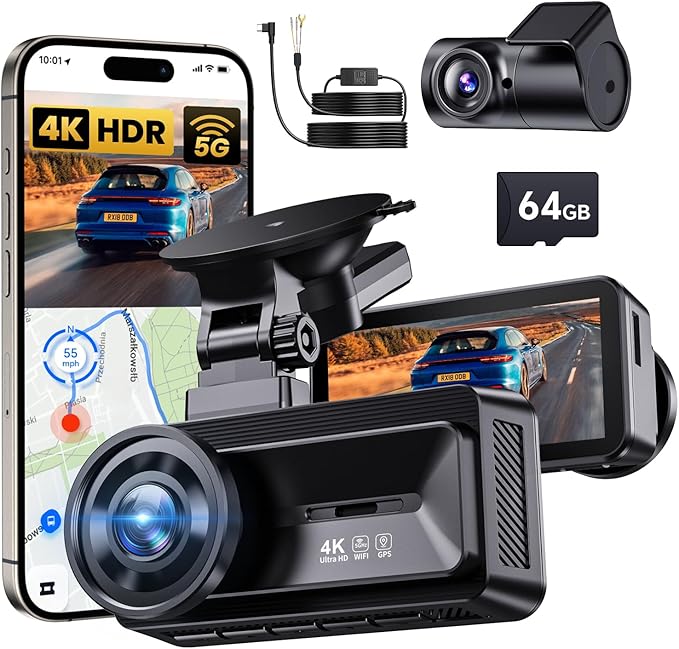 COOLCRAZY Dash Cam Front Rear - 4K STARVIS Sensor Dashcam,Free 64GB Card, Built-in 5G WiFi/GPS, Dual Dash Camera for Cars with 3" IPS Screen,HDR/WDR Night Vision, App Control, 24H Parking Mode
