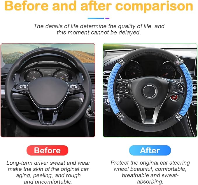 Osilly Bling Car Steering Wheel Cover, 15 Inch Rhinestones Soft Leather Elastic Steering Wheel Protector, Sparkly Crystal Diamond for Women Girls, Car Interior Accessories for Most Cars (Blue)