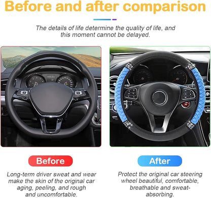 Osilly Bling Car Steering Wheel Cover, 15 Inch Rhinestones Soft Leather Elastic Steering Wheel Protector, Sparkly Crystal Diamond for Women Girls, Car Interior Accessories for Most Cars (Blue)