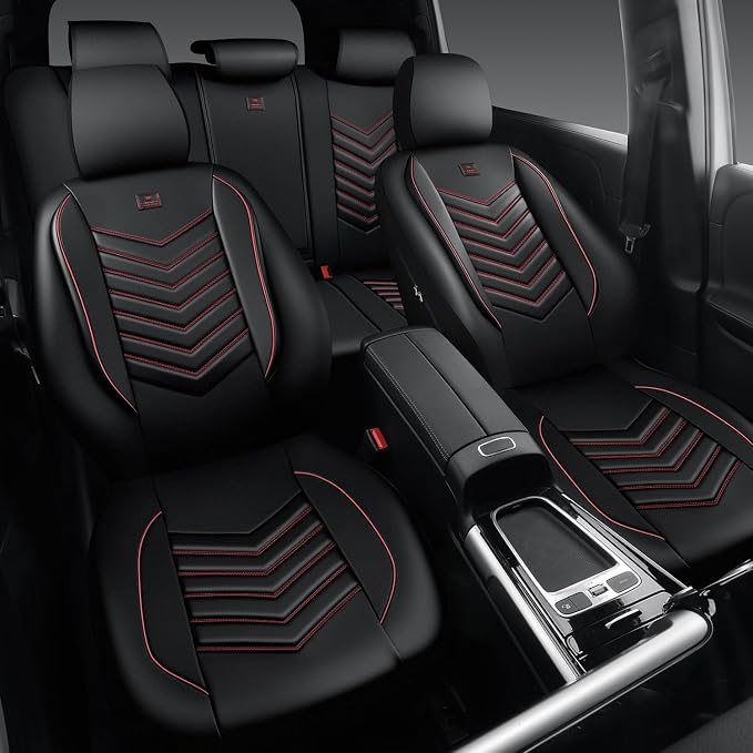 CAR PASS 3D Foam Faux Leather Seat Covers Full Set, Red Waterproof Leather Seat Cover for Cars,Luxury Universal Fit for SUV Truck Sedan Automotive,Armrest Airbag Compatible Anti-Slip,Black and Red