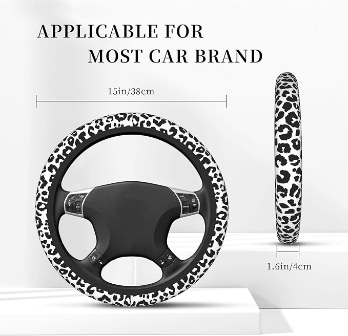 Black Leopard Print Steering Wheel Cover for Women & Men – Universal 15 Inch Car Accessories, Non-Slip & Stylish Design, Fits Most Cars, SUVs, and Auto