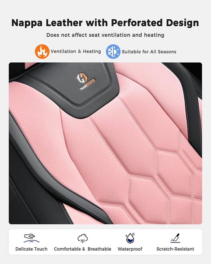 Huidasource Seat Covers Full Set, Universal Fit for Most Cars SUV Trucks, Full Coverage Leather Seat Cover, Airbag, Cupholder Compatible, Seat Function Retain, Easy Install with Velcro, Black & Pink
